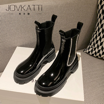 Chelsea short boots womens thick-soled black patent leather rhinestone boots 2022 new autumn leather mid-tube Martin boots