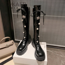 Black thick-soled long martin boots womens thick-heeled thick-soled rhinestone pearl high boots 2022 small knight boots