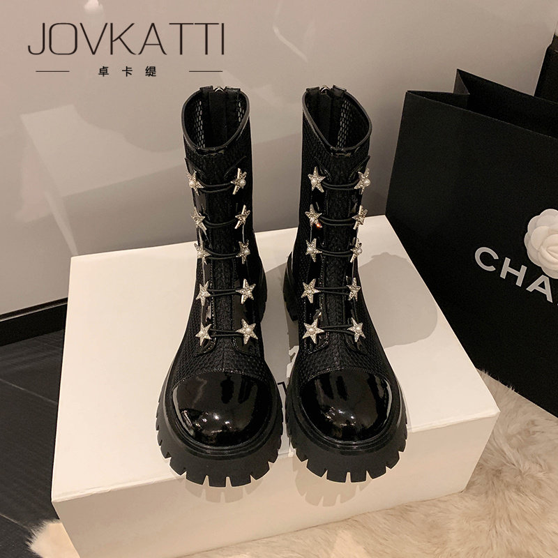 Thick Bottom Martin Boots Woman Thin Paint Leather Sandals Boots Stars Water Drill Boots 2022 New Summer Hollowed-out Breathable Mesh Boots