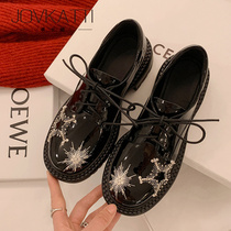 JOVKATTI Water Diamond Star Lefu Shoes thick soles thick heel single shoes Spring embroidery heavy industry with English small leather shoes