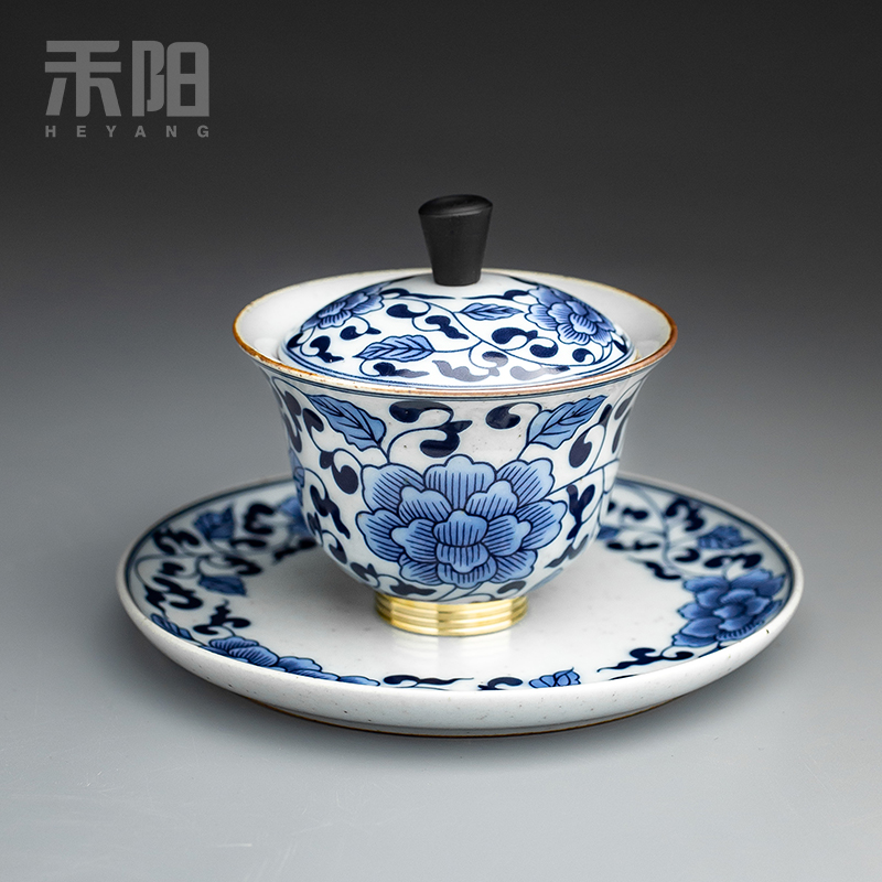 Send Yang only three tureen large single ceramic cups kung fu tea set of blue and white porcelain bowl with tea cup home