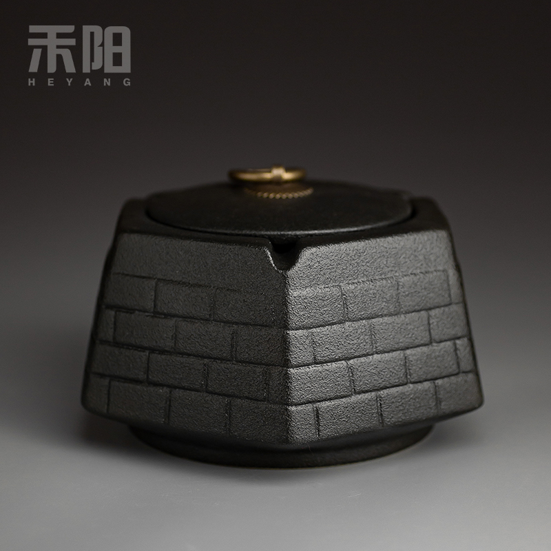 Send Yang black pottery ashtray with cover Chinese style household living room office large wind restoring ancient ways ashtray creative tea table