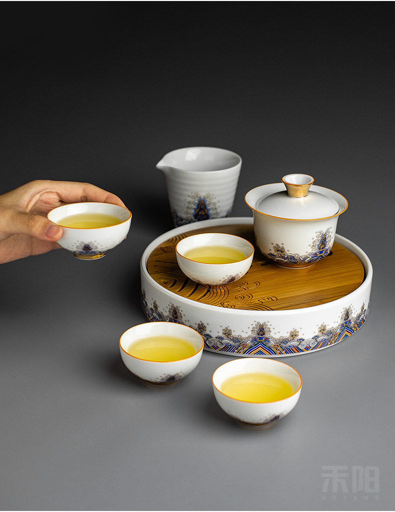 Send Yang gold colored enamel tureen white porcelain kung fu tea sets big wash to the home office gifts ceramic cups of tea