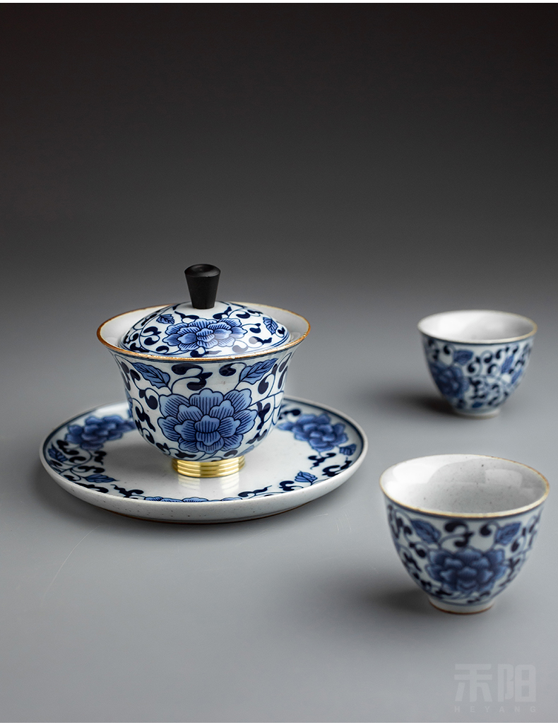 Send Yang only three tureen large single ceramic cups kung fu tea set of blue and white porcelain bowl with tea cup home