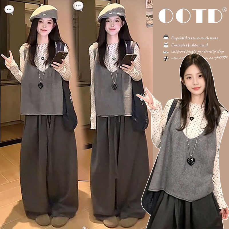 Trendy 2026 Autumn New Maternity Set: Three-Piece Polka Dot Base Shirt, Vest, Loose Wide-Leg Pants, Casual Outfit Trendy 2026 Autumn New Maternity Set: Three-Piece Polka Dot Base Shirt, Vest, Loose Wide-Leg Pants, Casual Outfit