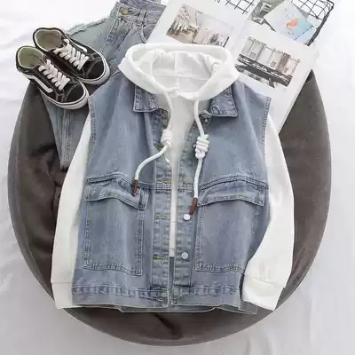 Denim vest suit two-piece autumn new suit female student Korean loose long-sleeved thick cotton T jacket tide