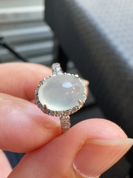 天然A货翡翠纯银镶嵌白冰蛋面戒指高冰冰种缅甸翡翠天然A货翡翠