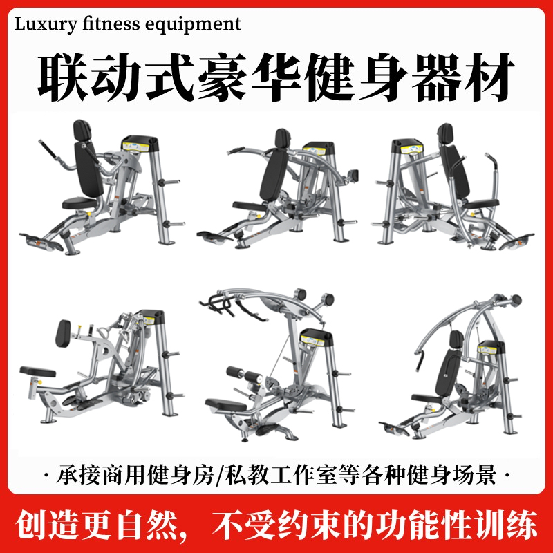 Complete Set of Interlocking Gym Equipment, Specialized for Heavy-Duty Use, Including Luxury Hammer Strength Equipment for High Pull-Downs, Seated Rowing, and Chest Press