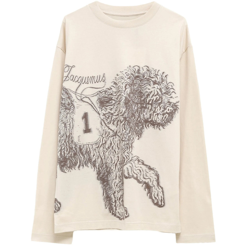 Jacquemus 26Th Autumn Collection Off-White Long-Sleeve T-Shirt with Vintage Sketch Curly Dog Print, Loose and Thin Top