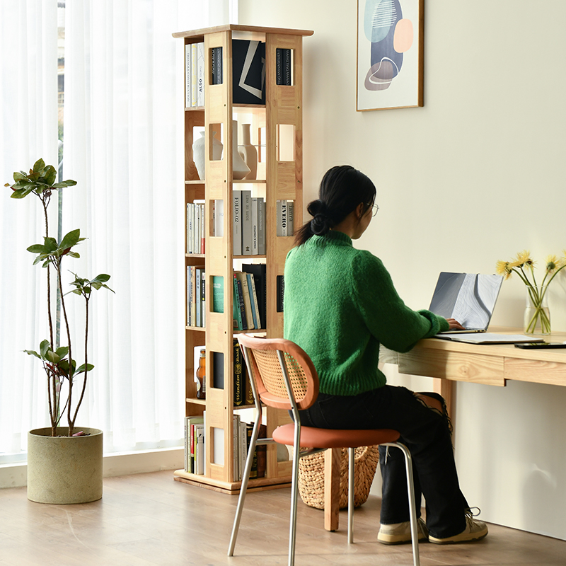 Solid wood rotating bookshelf 360 degrees home children's bookcase space-saving creative bookcase storage floor rack
