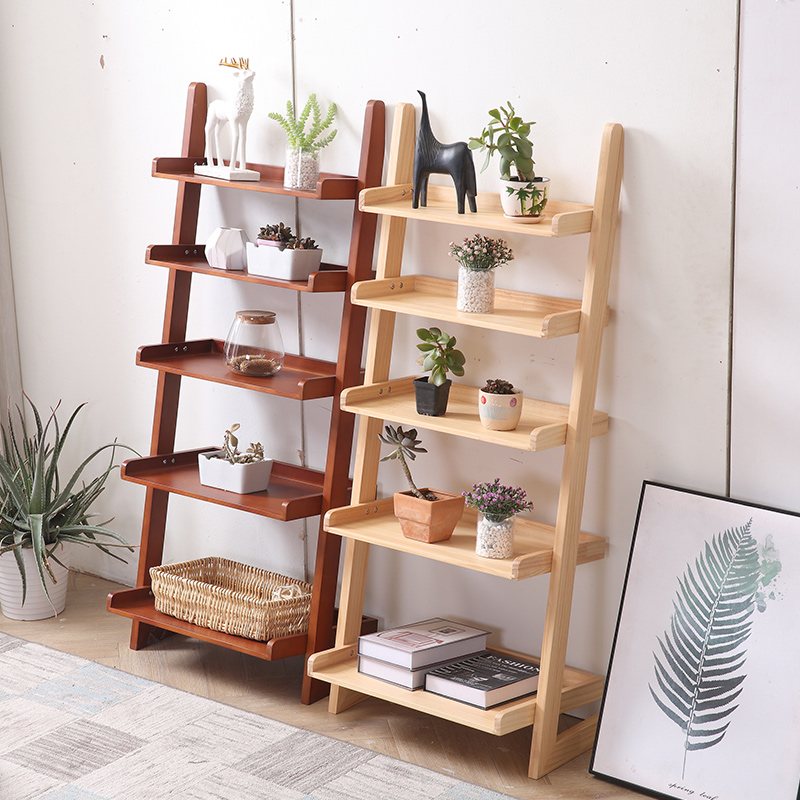 Nordic solid wood bookshelf Japanese-style simple multi-layer storage rack trapezoidal floor-to-wall flower rack bookshelf storage rack