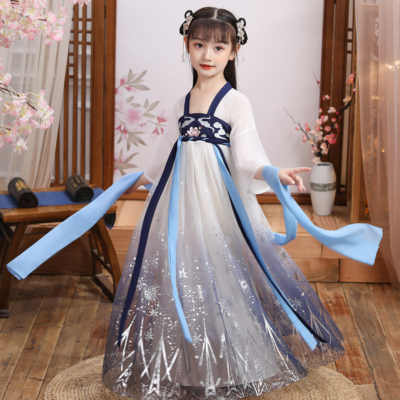 Hanfu Girls Super fairy Long sleeve Cherry blossom tulle fairy dress 12 years old purple elegant Chinese style children's ancient summer dress