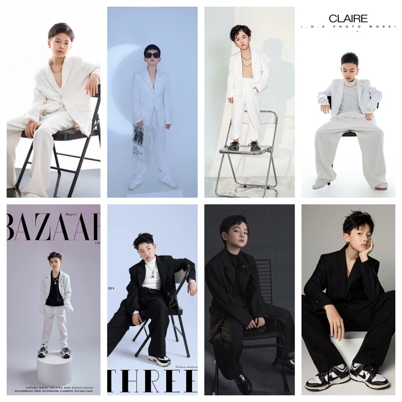 Trendy Children's Model White Suit T-Stage Runway Performance Clothing Boys' Model Black Suit Magazine Style Photography Outfit