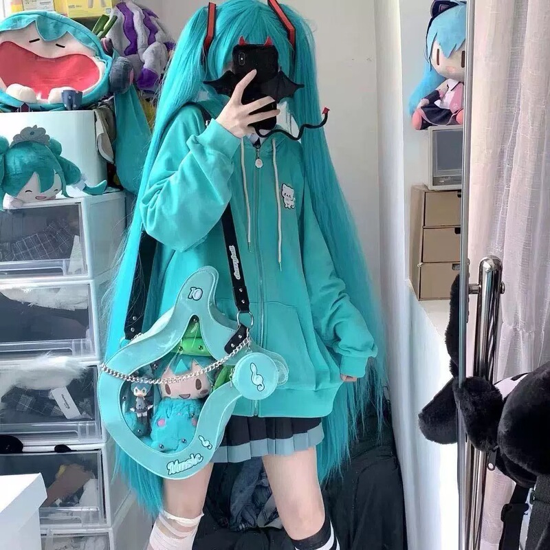 Cosplay Hatsune Miku Japanese-Style Hooded Sweatshirt for Women 2026 New Loose Cute Cardigan Zipper Jacket