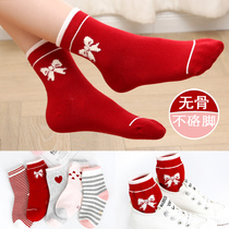 Girls  socks autumn and winter pure cotton childrens baby New Years red spring and Autumn socks thickened medium and large virgin middle tube cotton