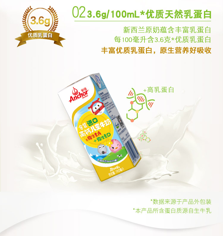 进口安佳儿童牛奶190ml*27盒金装3.6g乳蛋白