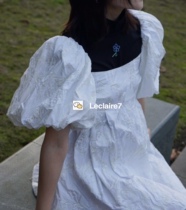 Spot Ming Ma White Jacquard Dark Pattern Square Neck Puff Sleeves Sweet Puffy Bud Dress Short Summer