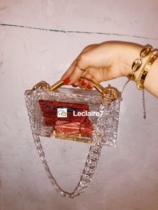 Lafshar eugene 24k gold transparent crushed ice metal handle chain shoulder crossbody acrylic square bag