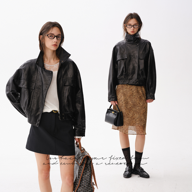 【New Zealand Black Knight】Fresh Moi Matte First-Layer Jin Imported Sheepskin Stand-Up Collar Light Waxed Foamed Leather Jacket 【New Zealand Black Knight】Fresh Moi Matte First-Layer Jin Imported Sheepskin Stand-Up Collar Light Waxed Foamed Leather Jacket