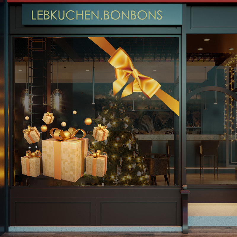 Light luxury decorations gold gift box glass sticker Christmas New Year 4S shop atmosphere promotes window arrangement
