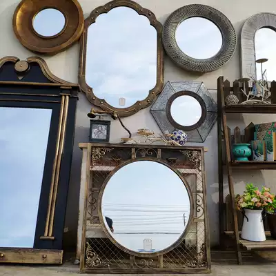 Large collection of solitary products-Foreign trade retro decoration background wall decoration hanging mirror antique wooden iron makeup mirror