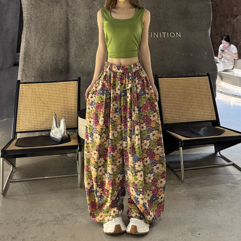 Korean Style Floral Ice-Feel Wide-Leg Pants for Women 2026 Summer New High-Waisted Design Loose Drape Slimming Casual Pants