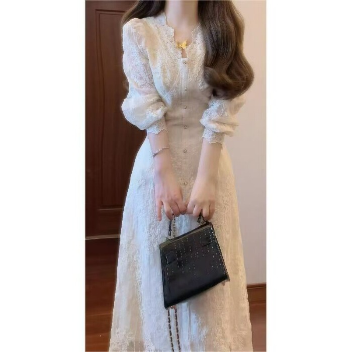 Women's Clothing 2026 Spring and Autumn French Sweet and Gentle Style White Lace Dress Long Sleeve Waist-Cinching Elegant Long Skirt