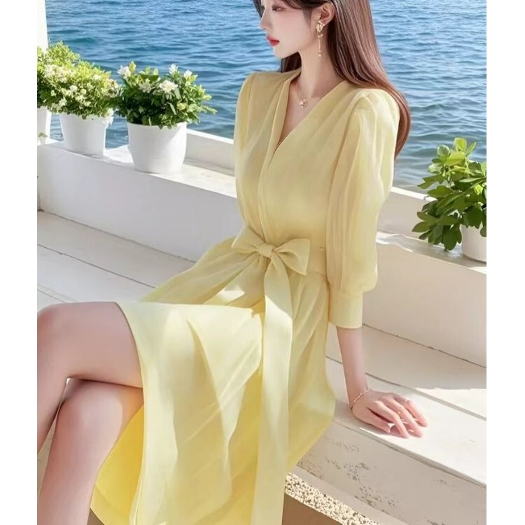 2026 Spring New Women's Clothing Beautiful Long Skirt French Style Elegant Waist-Cinching High-End Super Pretty Yellow Dress 2026 Spring New Women's Clothing Beautiful Long Skirt French Style Elegant Waist-Cinching High-End Super Pretty Yellow Dress