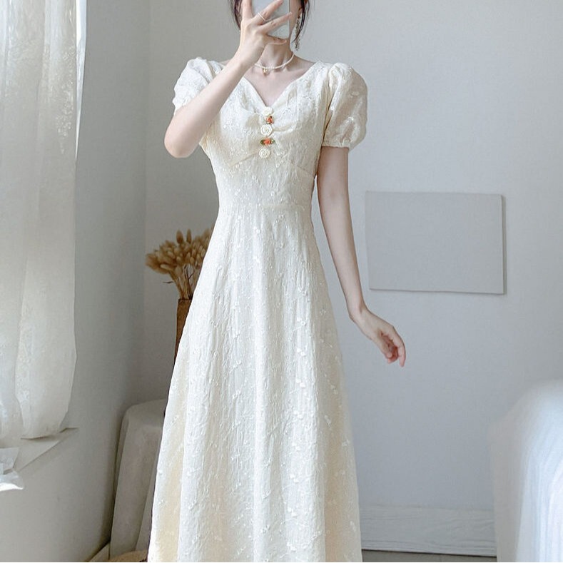 French-Style Tea Break First Love Vintage Dress, Summer Thin Style, Particularly Gentle, Waist-Cinching V-Neck, Clavicle Fairy Dress French-Style Tea Break First Love Vintage Dress, Summer Thin Style, Particularly Gentle, Waist-Cinching V-Neck, Clavicle Fairy Dress
