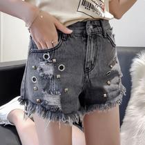 Smoky Gray high waist denim shorts Women summer 2021 Korean version of new rivet hole Burr a wide leg hot pants