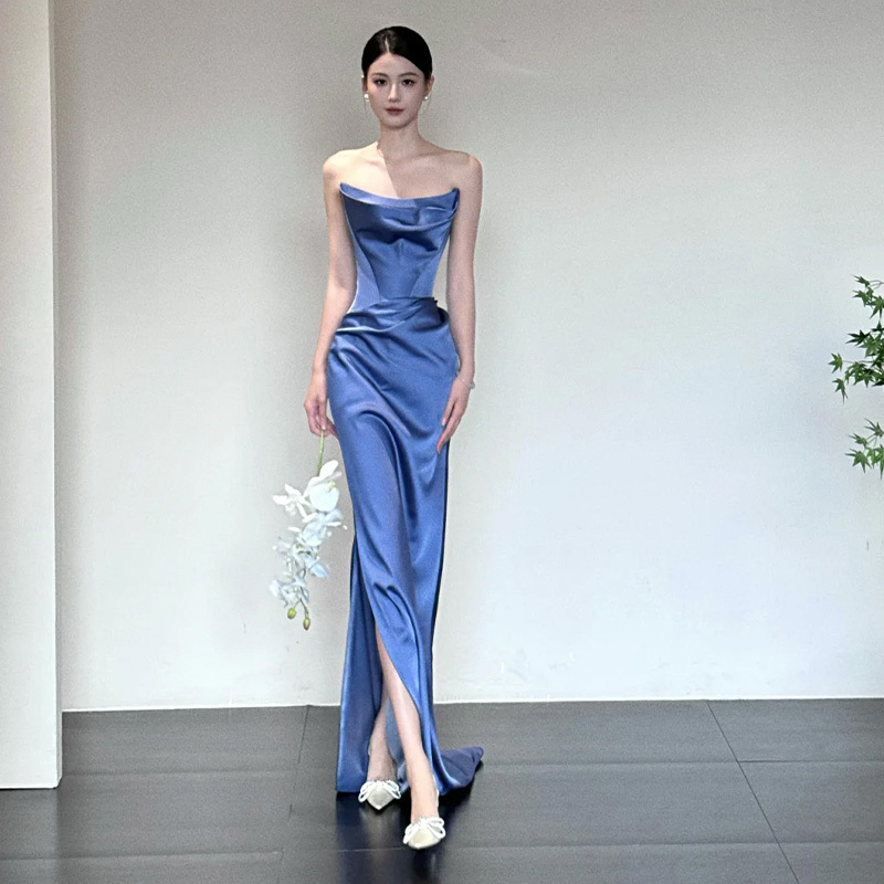 Blue Fishtail Evening Dress for Birthday Party Host, Slimming and High-End, Bride's Wedding and Engagement Morning Gown, Toast Dress
