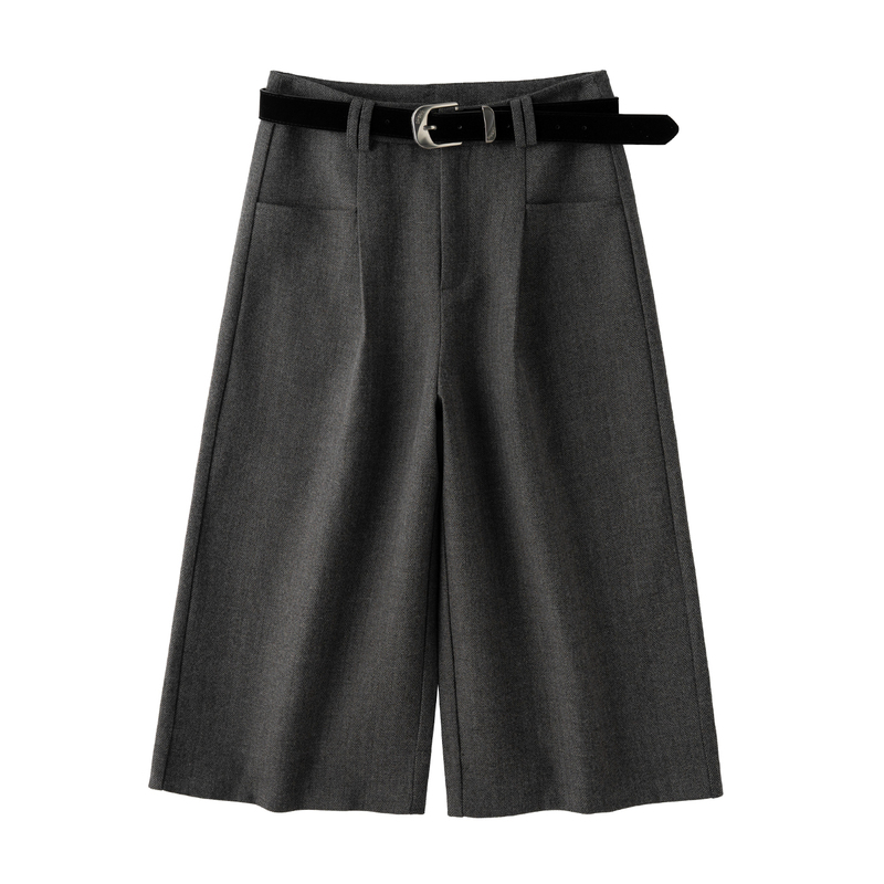 Relaxed Style I Wool Herringbone High-Fashion Suit Shorts Slimming Wide-Leg Pocket Cropped Pants Early Autumn New Style