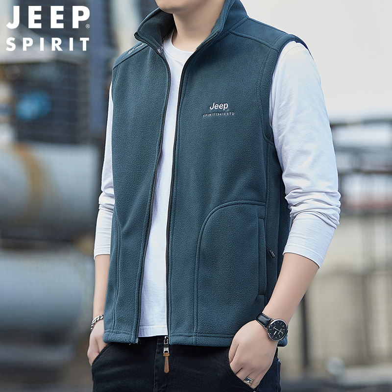 Jeep Men's Fleece Vest Spring and Autumn Outdoor Casual Stand Collar Sleeveless Jacket Polar Fleece Warm Vest
