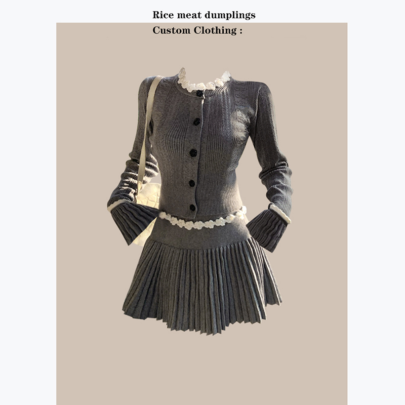 In Stock: Spring Outfit Set, Fitz Rainy Night Gray Handmade Crochet Knit Top and Pleated Knit Skirt