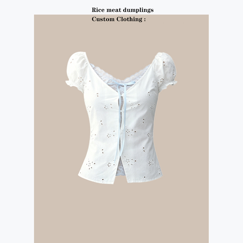 In Stock Now! Super Stylish Korean-Style Sweet Elastic Puff Sleeve Lace Hollow Floral Fake Two-Piece Short-Sleeve Top for Summer