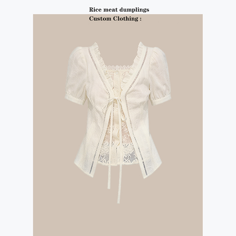Ready to Ship! Cloud Peony Korean Style Gentle and Soft Two-Piece Short-Sleeved Shirt, White Slimming Lace Top