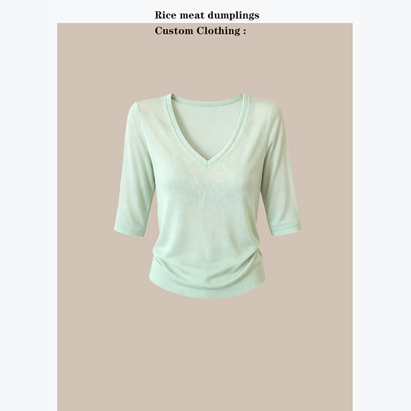In Stock Now! Mowonuo Same Style Super Cool Summer Ice Green V-Neck Versatile Commuting Mid-Sleeve T-Shirt for Women