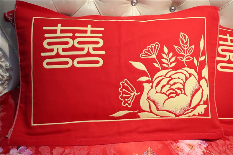Lớn màu đỏ gối gối cặp bông gạc jacquard dày lên đám cưới mềm đôi hạnh phúc tốt lành đôi vợ chồng - Khăn gối vỏ gối