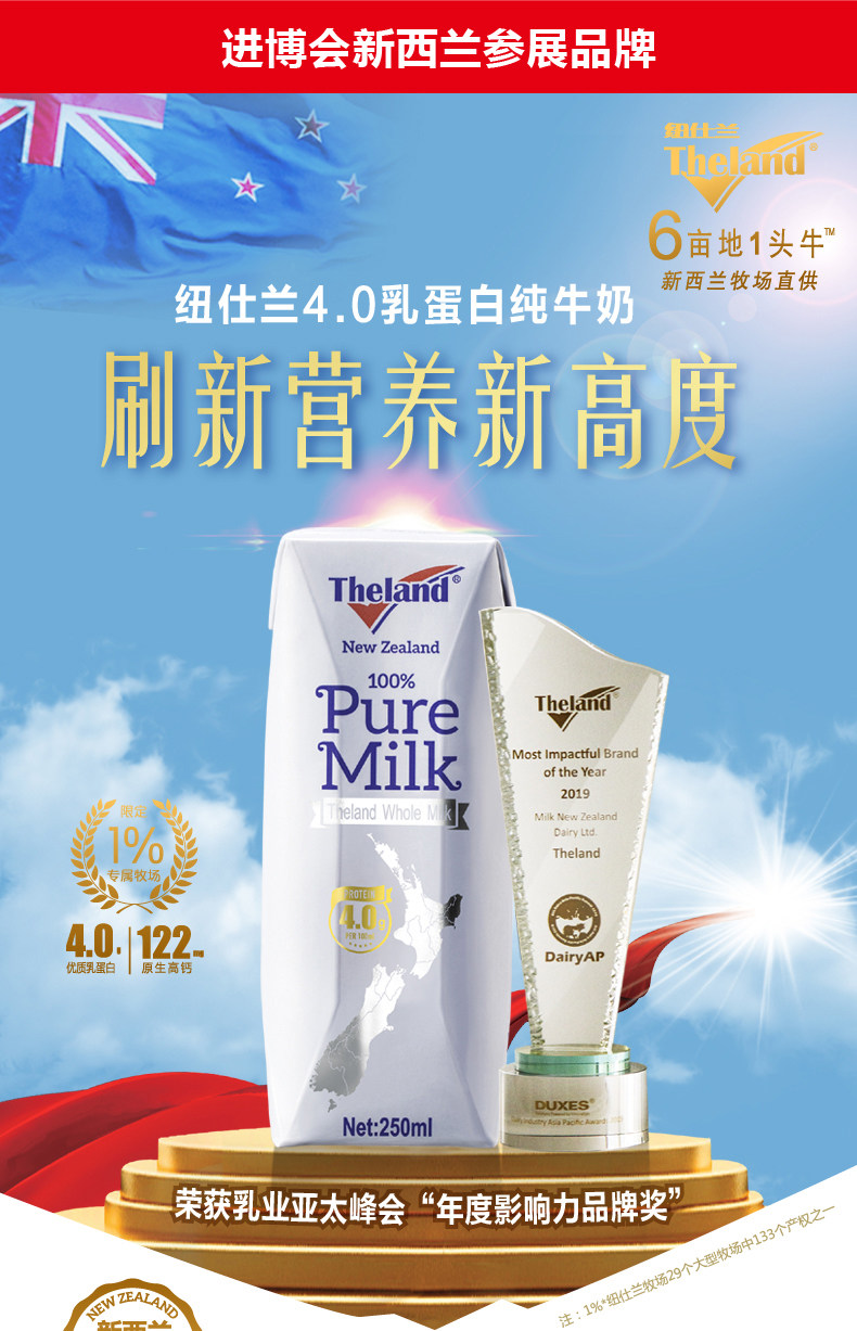 新西兰进口 Theland 纽仕兰牧场 4.0g高蛋白 低脂纯牛奶 250ml*16盒*2件 多重优惠券折后￥109.3包邮 88VIP会员还可95折
