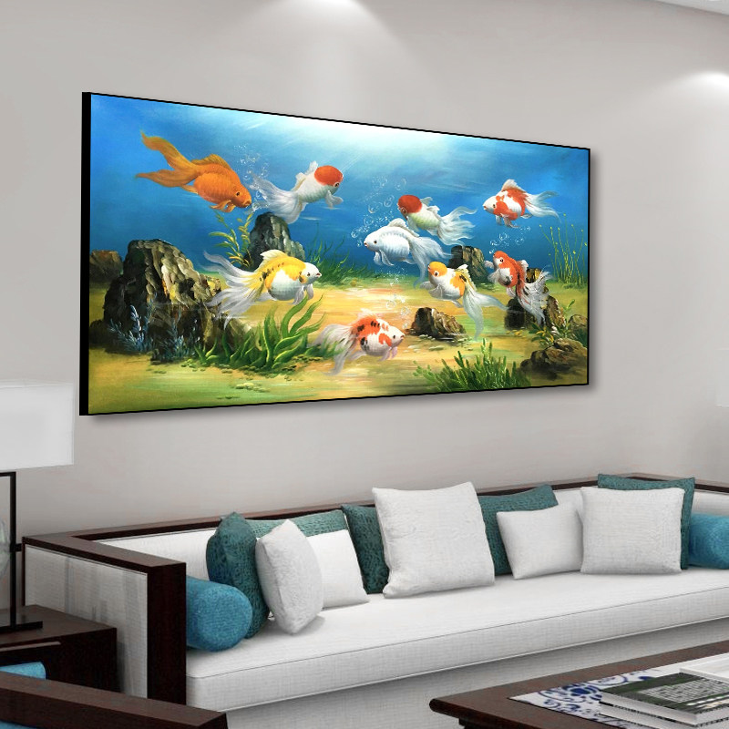 Nine fish picture hand-painted oil painting new Chinese style hanging painting living room decorative painting study tea room simple beauty mural ocean goldfish painting