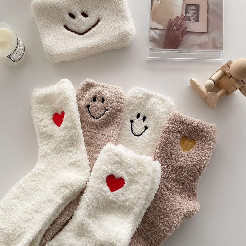 Loving Embroidered Coral Suede Socks Child Autumn Winter Middle Cylinder Suction Sweaty Face Thickened Warm Towels Sleeping Moon Floor Socks
