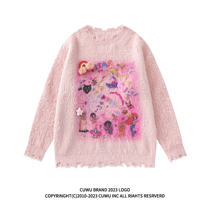 Cuwu Sweet Dopamine Girl Jacquard Sweater Coat for Women, Autumn and Winter Ripped Lazy Style Milk Fufu Knitwear