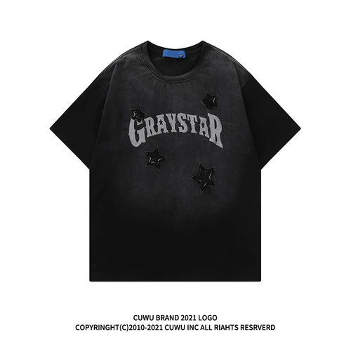 cuwu Ретро летняя футболка для отдыха, в американском стиле, с вышивкой, короткий рукав