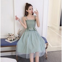 2019 new college style slim mesh suspender skirt two-piece Korean version of small fresh off-the-shoulder dress female summer