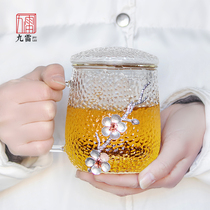  Japanese-style hammer pattern heat-resistant glass Household water cup Tea water separation filter tea cup with handle Office cup flower tea cup