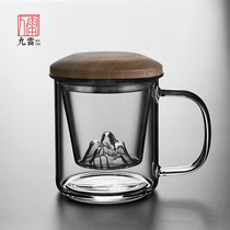  Jiulei transparent filter glass teacup with lid Thickened heat-resistant cup Guanshan Green Tea cup Office bubble tea cup