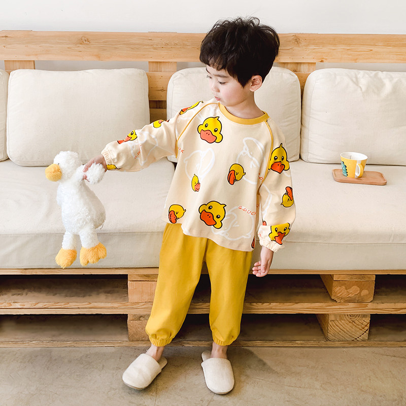 Little Yellow Duck Children's Pajamas Spring and Autumn Cotton Thin Boy Cartoon Autumn Super Cute Split Boy Baby Homewear