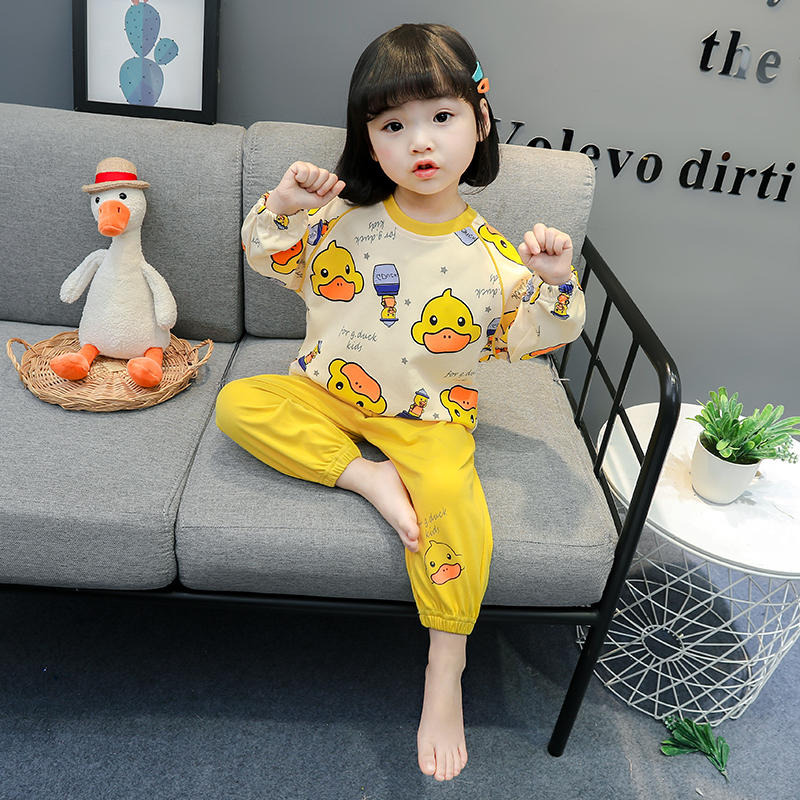 Small Yellow Duck Girl Sleepwear Spring Autumn Season Pure Cotton Cute Cartoon Female Baby Boy Two Style Home Clothes Clothes