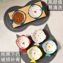 Cat bowl bamboo frame hand color ceramic double Bowl Pet Bowl protection cervical spine cat food bowl dog Basin drinking dog bowl