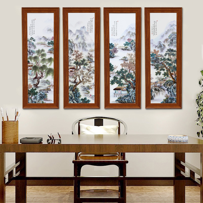 Jingdezhen study of new Chinese style of sitting room adornment four panel strip quadruple landscape of traditional Chinese painting hangs a picture scroll calligraphy and painting